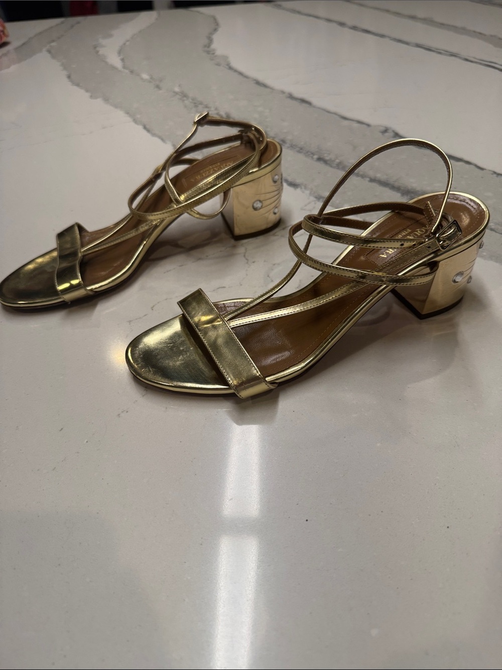 Aquazzura Metallic Gold Double Strappy Block Heel Sandals With Faux Gem Accents